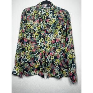 Vintage Potpourri Floral Paisley Sheer Button-Up Top Green Pink Neon Women Sz M